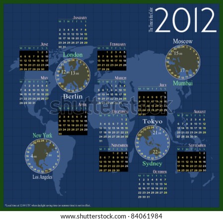 Modern calendar for 2012, with the local time of the great cities of the world. Week starts on Monday.