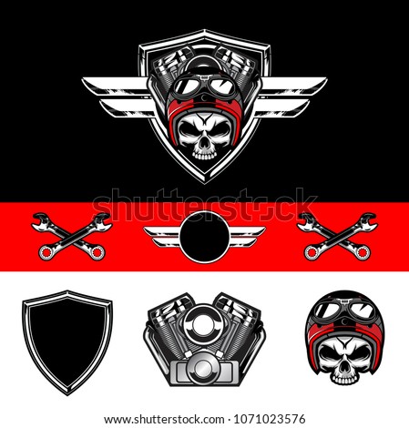 set of skull biker wear hekmet. including v-twin engine harley davidson, wrench, wing and shield