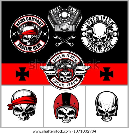set of skull with helmet, v-twin engine harley davidson and wrench emblem or badge vector logo template