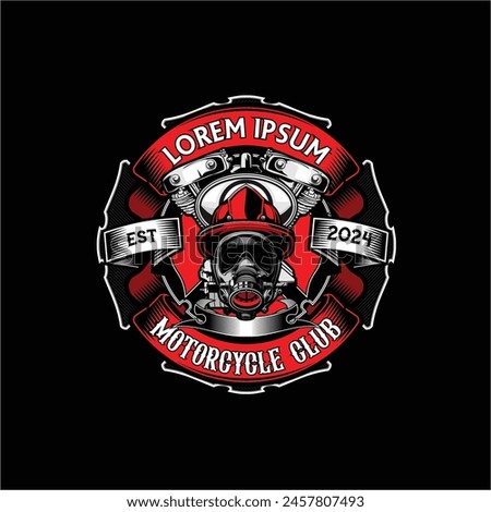 Awesome and badass Art illustration of a fire extinguisher gas mask with a v-twin engine. Very cool logo for a fire department building a motorcycle club.