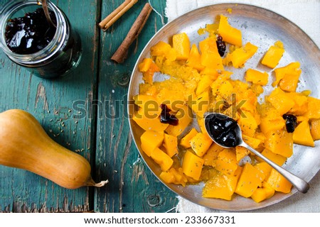 grilled pumpkin with spices and blackcurrent jam