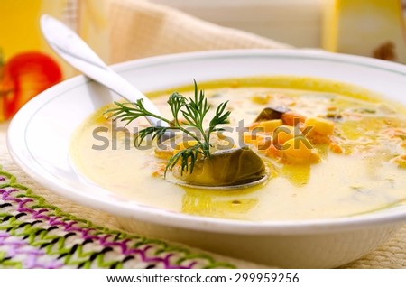 Vegetarian corn soup with brussels sprouts and other vegetables