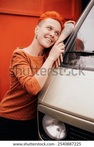 Similar – Image, Stock Photo Dreamy stylish woman standing on city street