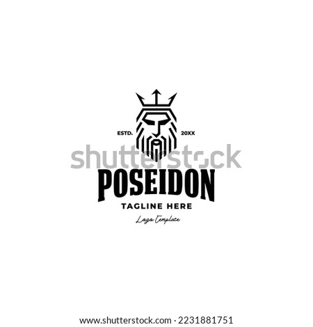 line art poseidon king with trident crown logo icon vector template