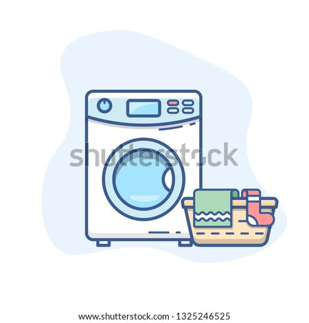 Washing machine with laundry basket vector line icon. Washer with dirty clothes outline illustration.