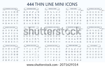 444 vector thin line mini icons set. Thin line simple outline icons. Pixel Perfect. Editable stroke.