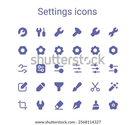 Tools mini solid icons set. Settings glyph simple icons.