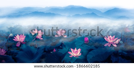In summer morning, lotus, pond and distant mountain clouds and fog. Large and wide ink landscape painting in Chinese painting  and 3D illustration style.