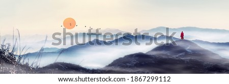 At sunrise, in the distant mountains, a line of geese flies in the sky, and a monk moves towards the distance. Chinese painting style of Zen landscape painting.