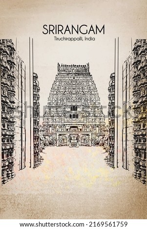 Tiruchirappalli (Trichy), Tamil Nadu state, India. Sri Rangam temple. Artistic drawing. Travel sketch. Vintage hand drawn vector