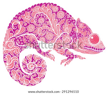 Zentangle stylized multicolored Chameleon. Hand Drawn Reptile vector illustration in doodle style for tattoo or print