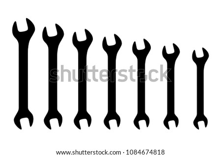 Vector black double open ended wrench spanner set on white background