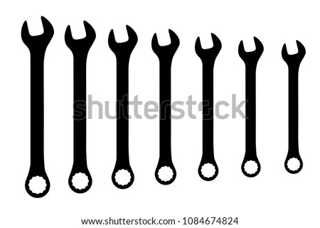Vector black wrench spanner set on white background