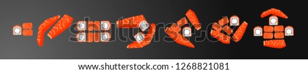 Low polygonal cartoon style minimal slice of salmon and philadelphia sushi roll elements combination set. For design menu restaurant delivery, flyer, brochure, web background