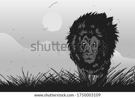 Stylish stencil lion for poster, comic, icon, card. Wild life animals. High-contrast black and white lion graphic.