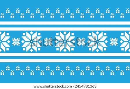 Christmas and New Year blue and white seamless pattern, fairytale pixel pattern in white and green with Nordic snowflakes for winter hats, ugly sweaters, jumpers. wallpaper, paper or other design