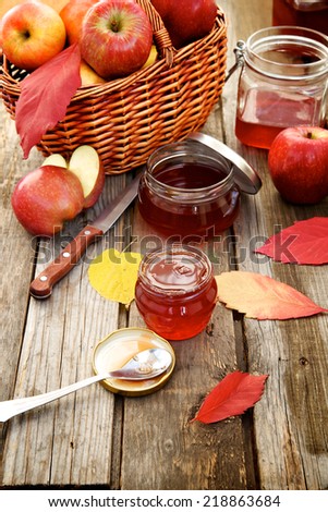 Autumn still life. Freshly cooked apple jam.