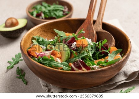 Image, Stock Photo Tasty salad on wooden stand served on decorated table outside