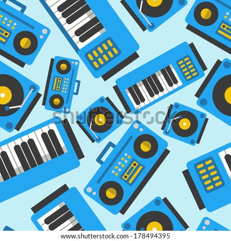 Vector seamless pattern. Backdrop with musical instruments. Boombox, vinyl player, piano / synthesizer. Blue edition. Use for pattern fills, surface textures web page background, wallpaper.