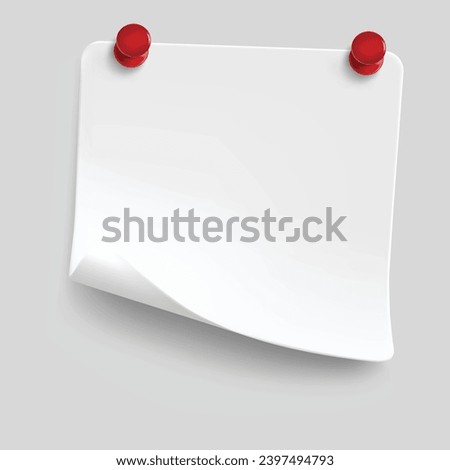 Pinned paper notes. Sticker papers, note on pin and notes board stickers realistic vector set. Notepaper attached with red pushpins. Notepad paper pieces fastened with thumbtacks template design