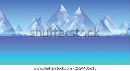 Icy mountain with calm sea below and cloudy mountains in the background. Ideal for nature designs, adventure themes, or environmental projects, offering a serene and cold landscape illustration.