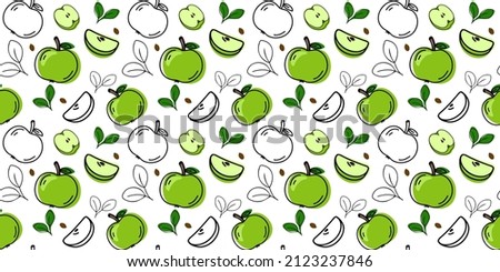 Apples whole and slice seamless pattern. Hand drawing. Beautiful vector seamless pattern with apples. Doodle. Suitable for wallpaper, web page background, surface textures, textile.