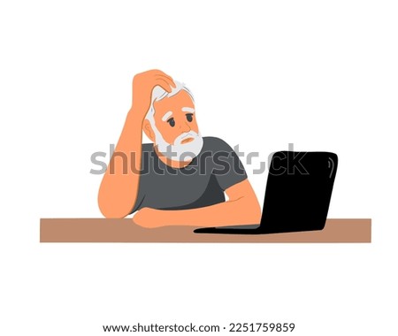 An elderly man with incomprehension sits at a computer. Flat vector illustration Foto d'archivio © 