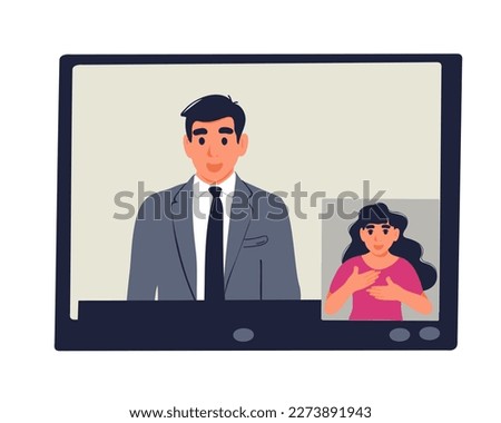 A man is on a video call with a woman on the screen, sign language interpreter.  Vector illustration