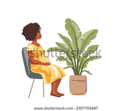 Pregnant woman sits on chair near potted home plant, side view on white background