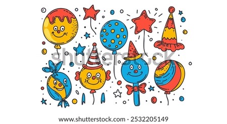 Cheerful balloons shaped like clowns and stars in a cartoon style. Festive balloons and clowns with hats in a children's cartoon vector illustration