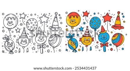 Set of cheerful clowns and balloons in color and black-and-white versions