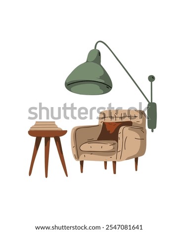 Illustration of a cozy reading nook with an armchair, floor lamp, and small side table in a minimalist style