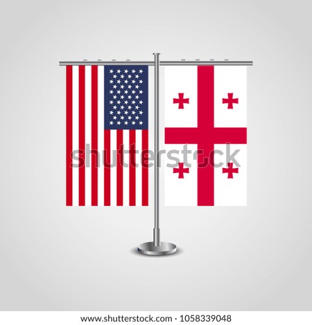 Table stand with flags of USA and Georgia.Two flag vector. flag pole.Symbolizing the cooperation between the two countries.Vector table flags