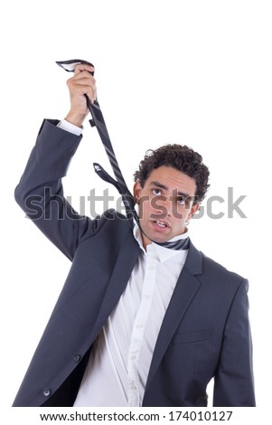 exhausted businessman in suit hanging himself on tie