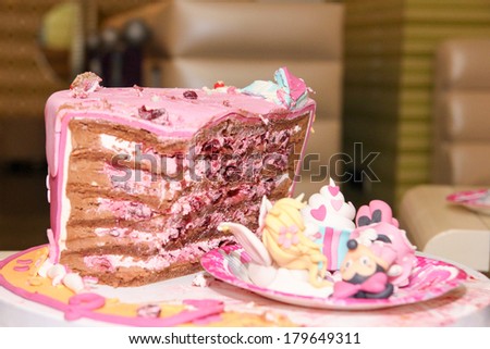 delicious piece of pink cake with chocolate and decoration