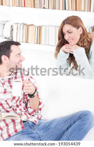 couple talking to each other smiling in the morning, romantic conversation between two people, listening is important