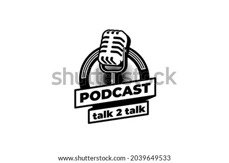 Podcast station singer karaoke with retro microphone. Design element for logo, label, emblem, sign.