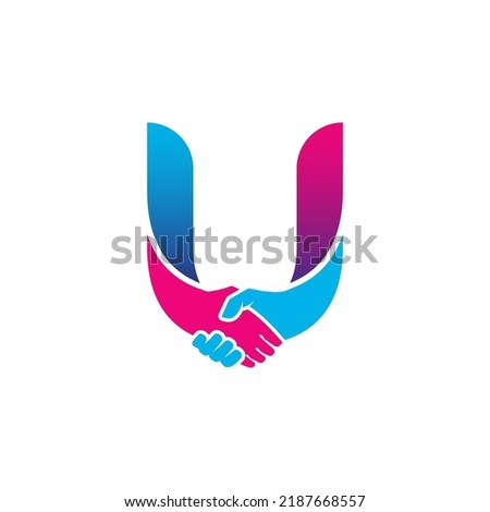 handshake logo isolated on letter U alphabet. Business partnership and union logo design.
