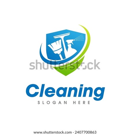 Cleaning Service Logo Design. Cleaner equipments broom, squeegee, and spray isolated on shield shape