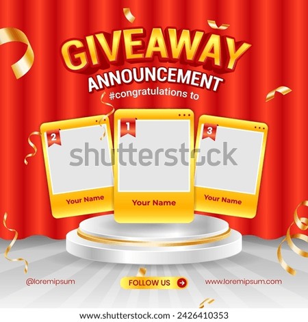 Giveaway winner announcement social media post banner template with 3d podium element