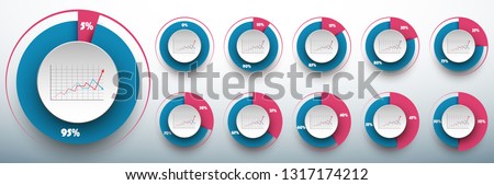 3D Pie chart with visualization inside. Vector set from 0 to 50/50 percents ready to use for web design, user interface (UI) or infographic. Two colors - rose and blue.