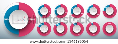 Pie chart set from 50/50 to 100 percents ready to use for web design, user interface (UI) or infographic. Two colors - rose and blue