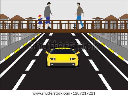 overpass vector illustration, pedestrian bridge. bridged crossing, bridged overpass,men crossing the bridge.yaya köprüsü, üst geçit, yaya geçidi kullanan çocuklar. alt geçit

