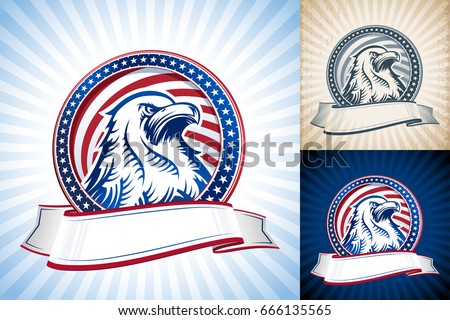 American eagle with flag of USA in round shape and ribbon. The Symbol of Independence Day. Vector set of illustrations of bald eagle in color and in retro hand drawing style on vintage background