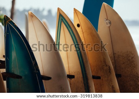 Set of different color surf boards in a stack by ocean. WELIGAMA. Surf boards on sandy Weligama beach in Sri Lanka. On Weligama beach surf is available all year around for beginner and advanced.