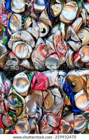Suratthani,Thailand,February 2,2015:Aluminium cans pressed and packed for recycling in local factory of Suratthani province .