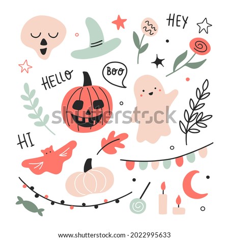 Happy Halloween childish set with cute design elements. Collectionfor baby: ghost, pumpkin, flowers. Ideal for cards, poster, fabric, textile, prints, anniversary, invitation party decoration, autumn