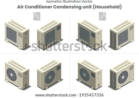 Isometric vector as flat design of household air conditioner or condensing unit as all side and shadow installation outside house or balcony residential equipment