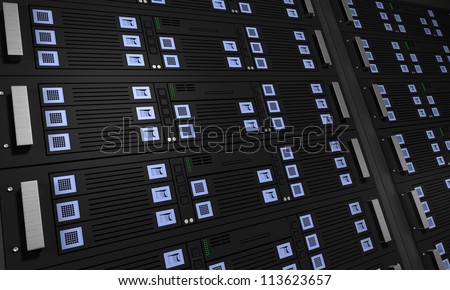 Modern rack mounted servers  depicting modern internet business through communications.