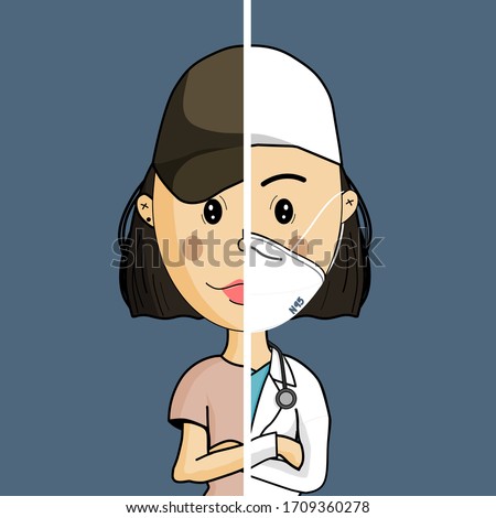 Young lady short hair in doctor uniform,  have stethoscope , and half body in normal dress, that on the head is a green cap.Vector illustration.